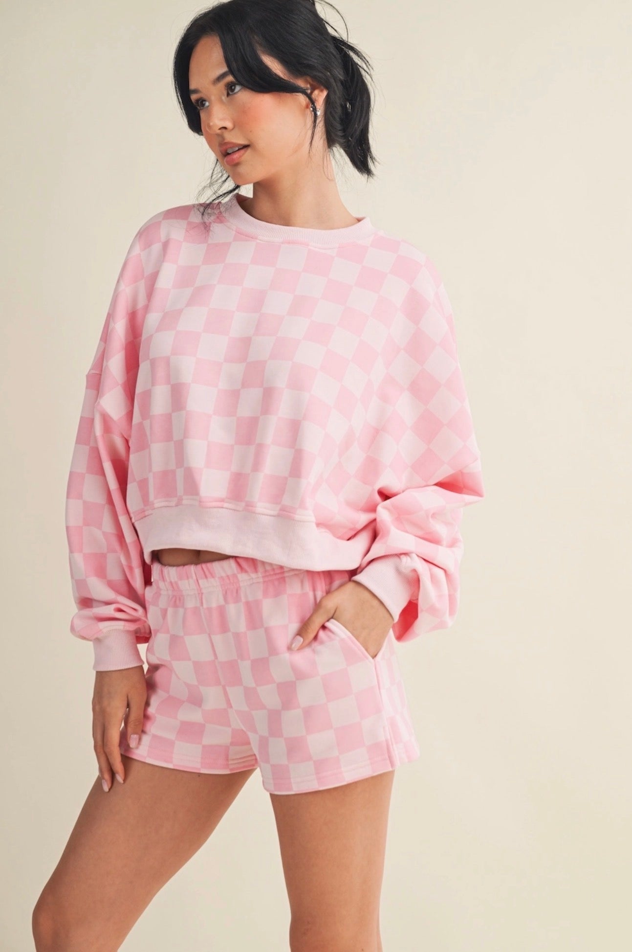 Pink Checkered Print Crewneck Crop Sweatshirt