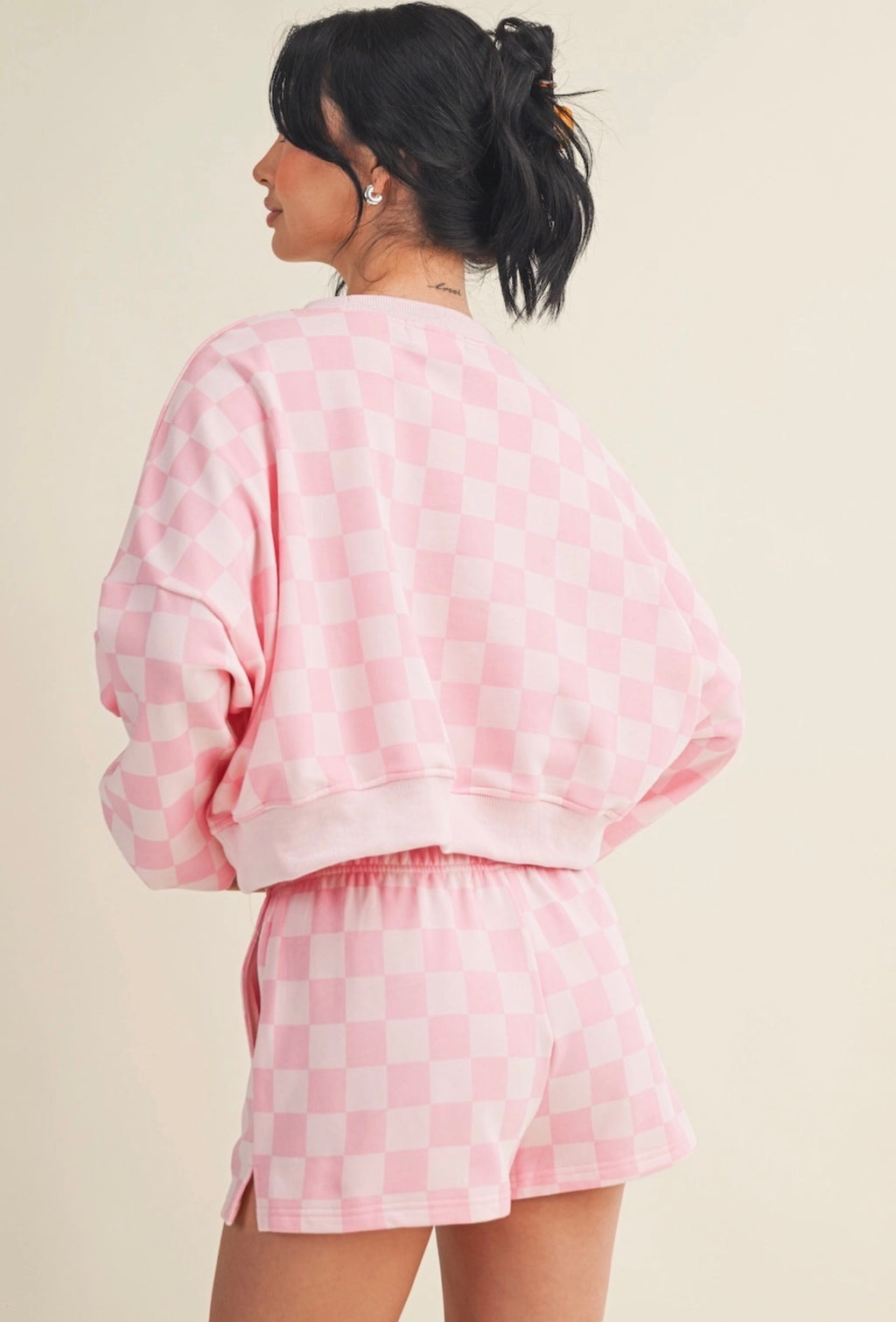 Pink Checkered Print Crewneck Crop Sweatshirt