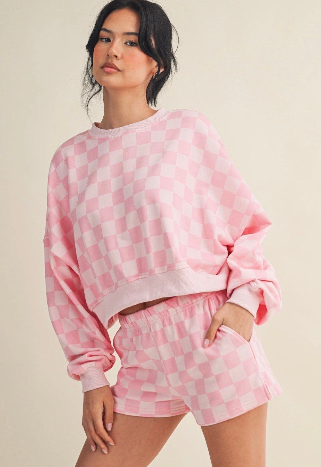 Pink Checkered Print Crewneck Crop Sweatshirt